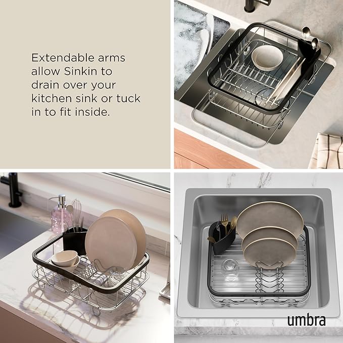 Umbra Sinkin Dish Drying Rack, in Sink or on Counter Drainer, Black/Nickel | Durable steel wire frame, rubber coated feet, low profile design, plastic base - Image 4