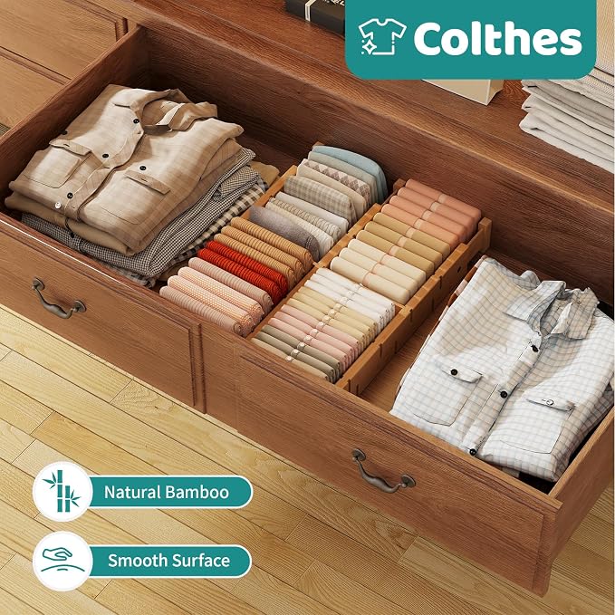 6 Pack Bamboo Drawer Dividers with Inserts, Kitchen Adjustable Drawer Organizers, Expandable Organization for Home, Dressers, 6 Dividers with 12 Inserts - Image 6