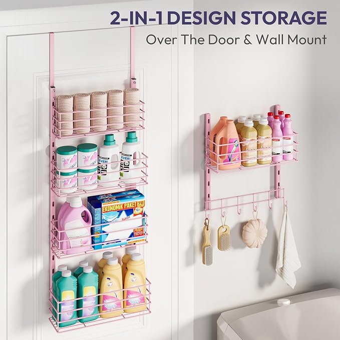 SWTYMIKI Over The Door Organizer - Door Organizer Hanging with 5 Adjustable Metal Large Capacity Basket and 6 Coat Hook, Wall Mounted Shelf for Bedroom Closet Bathroom Laundry Pantry Cabinet Kitchen - Image 6