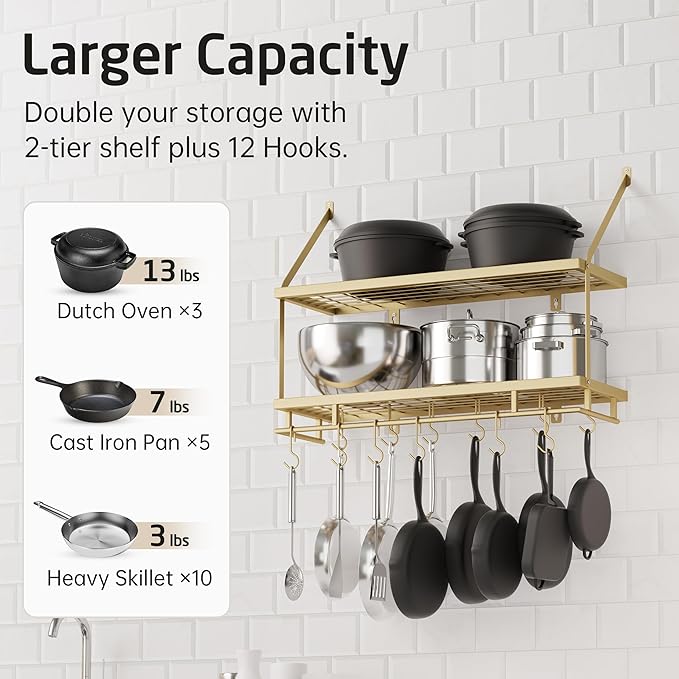 KES 30-Inch Gold Pot Rack Wall Mount, 2-Tier Hanging Pot and Pan Organizer | Organizer with 12 Sturdy Hooks, Elegant Modern Kitchen Wall Hanger Shelves, KUR215S75B-GD - Image 2