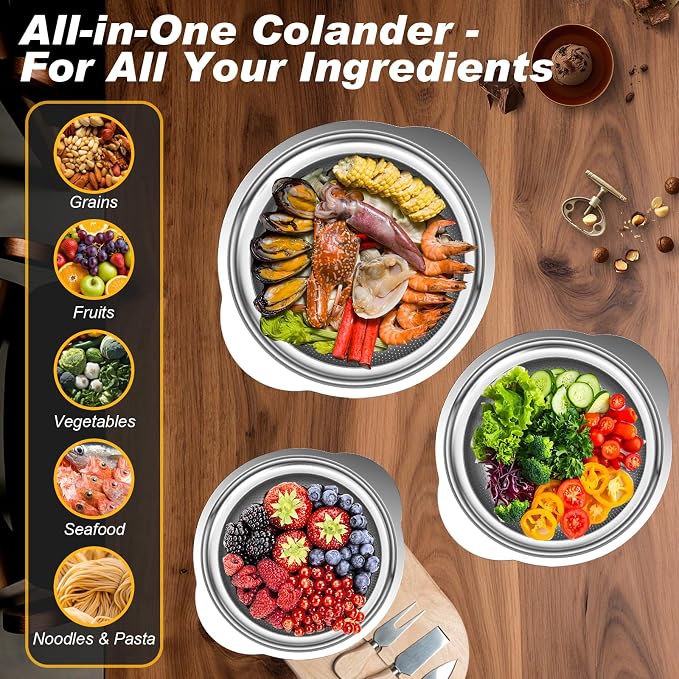 Colander, Stainless Steel Colander for Kitchen, 3Pcs Kitchen Gadget Food Strainer Basket with Handle, Kitchen Strainer Colanders Bowl for Pasta Noodles Spaghetti Vegetables Fruit (2QT, 3QT, 5QT) - Image 3