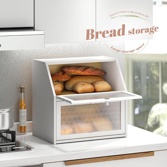 STDDRE Bread Box for Kitchen Countertop Bin Double Layer Bread Box Storage Container Extra Large Capacity with Diamond Pattern Windows (White, Extra Large) - Image 4