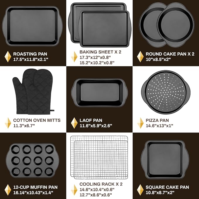 13 PCS Nonstick Bakeware Set - Carbon Steel Baking Pans Set with Dual Handles, Includes Roasting Pan, Pizza Pan, Cookie Sheet, Cake Pans, Muffin Pans, Cooling Rack, Oven Mitts, Non-Toxic - Image 3