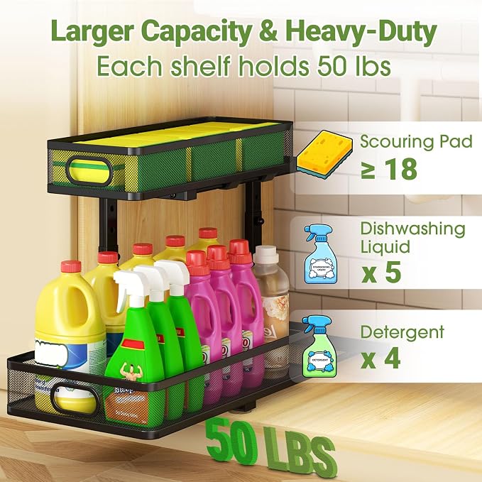 Under Sink Organizer 4-Pack, Metal 2-Tier Pull-Out Cabinet Shelf with Slide-Out Mesh Drawers, Height Adjustable, Space-Saving Storage Racks for Kitchen, Bathroom, Laundry Room - Image 5