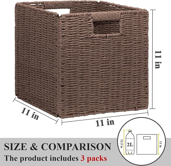 Wicker Storage Baskets for Organizing, 3 Pack Rustic Foldable Square Basket for Shelves, Handwoven Cubby Organizer Bins for Home Decor, Small Cube Storage Bin for Closet Organization (Brown 11 inch) - Image 2