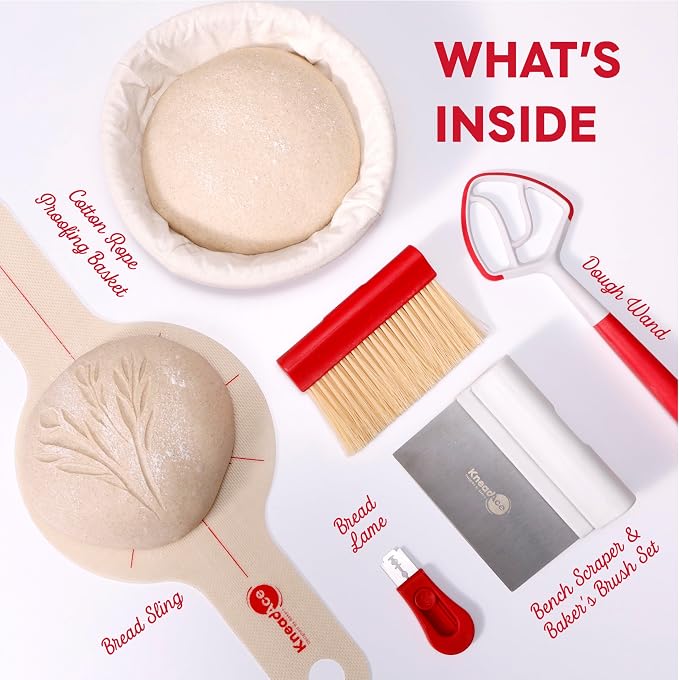 KneadAce Essential Sourdough Starter Kit - Artisan Bread Baking Tools | Bake with this Sourdough Kit: Round banneton proofing baskets, dough whisk, bread lame, scraper & brush set, bread sling - Image 2