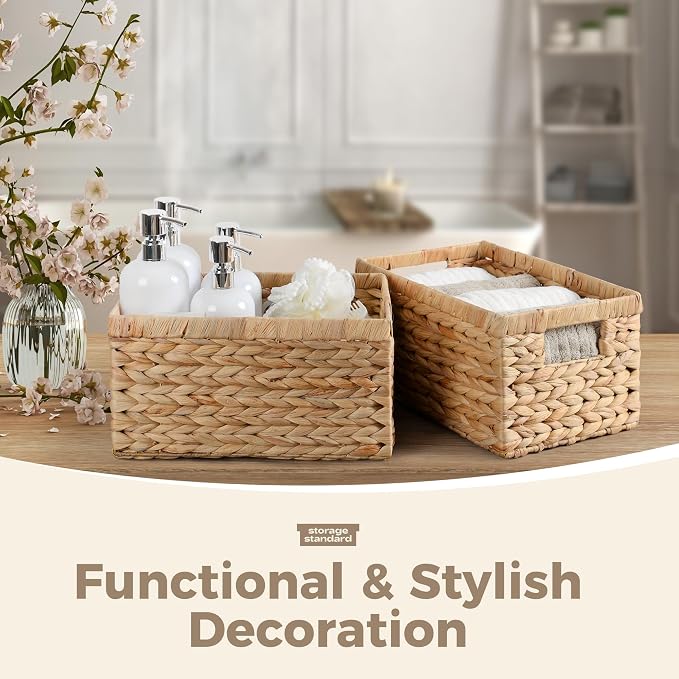 Set of 2 Wicker Shelf Storage Baskets for Organizing - Natural Durable Water Hyacinth Woven Basket Pantry Bin Organizers for Shelves with Handles for Home & Decor Organization, 12.5” x 8” x 6.5” - Image 7