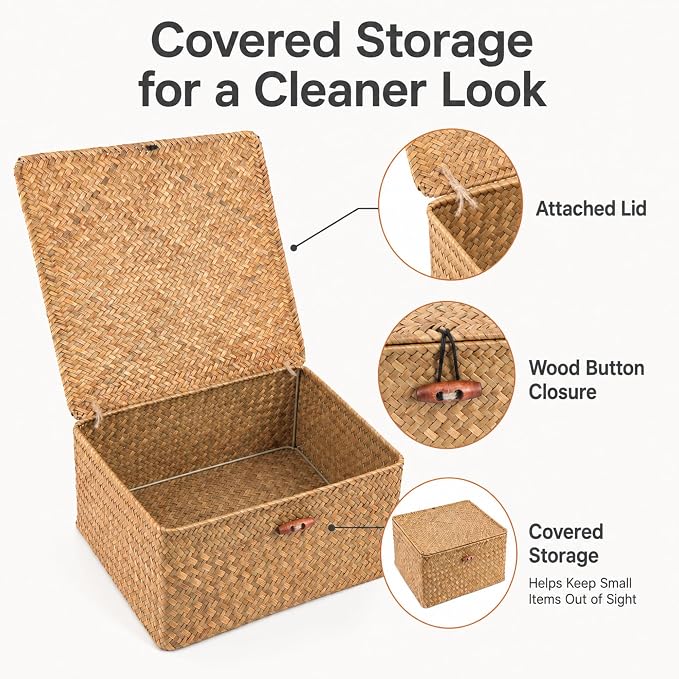 Square Handwoven Seagrass Wicker Storage Baskets with Lids, Set of 3 | Attached lids and internal iron frames help each basket hold its shape; compatible with IKEA KALLAX cube shelving. - Image 5
