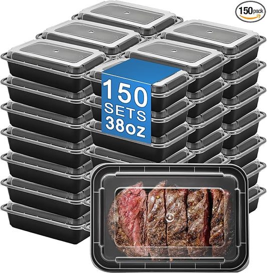 38oz Food Storage Containers with Lids,150 Sets Disposable Meal Prep Boxes | Single Serving Meal Prep Boxes,Leak-Proof, Microwave Freezer Safe,Black To-Go Containers For Lunch Portion Control & Catering by Apsic