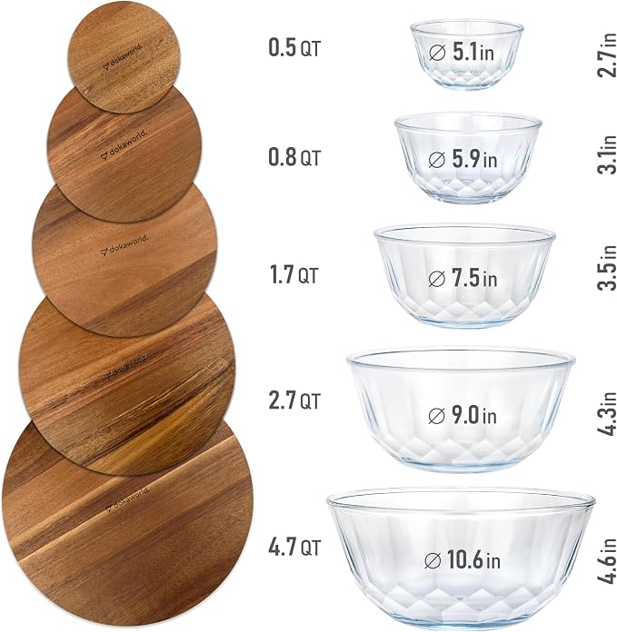 Large Stackable Set of 5 Nesting Glass Bowls with Acacia Lids for Foodprep, Storage, Baking, Sourdough Mixing & Cooking. Microwave & Oven Safe Heat Resistant Inert Borosilicate Glass - Image 3