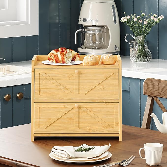 Trironsun Vintage Double Layer Bread Box for Kitchen Counter Bamboo Bread Storage Container Large Capacity Bread Storage Bin (Natural Bamboo) - Image 3