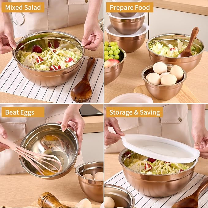 Rose Gold Mixing Bowls With Airtight Lids,Stainless Steel Bowl,Salad Bowls 7 Piece Colorful Nesting Bowl Rose Gold Kitchen Accessories,Size 7,3.6,2.7,2.1,1.5,1.1,0.8QT Stackable Design - Image 6