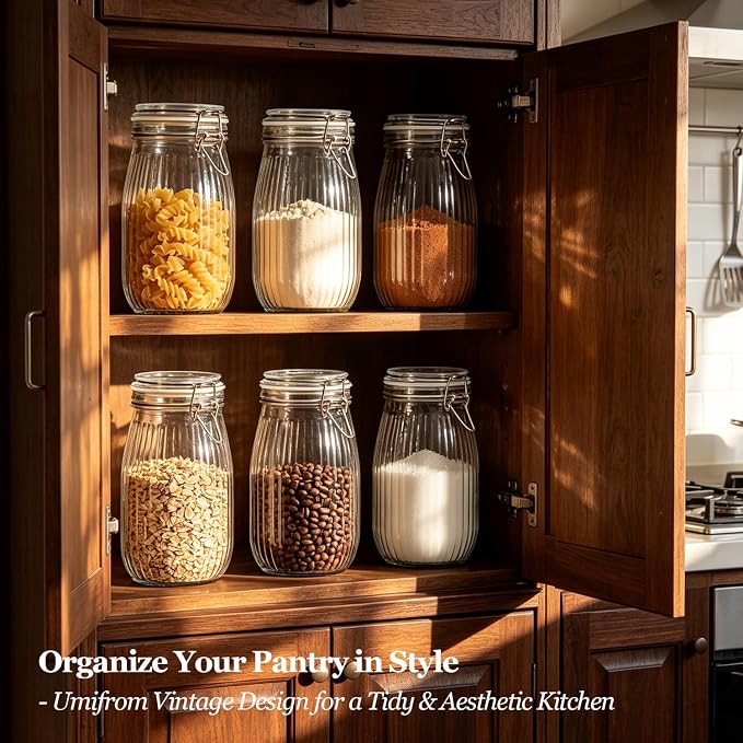 ComSaf Large Ribbed Glass Jars with Airtight Lids 51 oz 3 Pack Wide Mouth | Flour sugar coffee beans, Fermenting pickling, Farmhouse pantry decor, Countertop decor, Large capacity, Vintage Canisters - Image 2