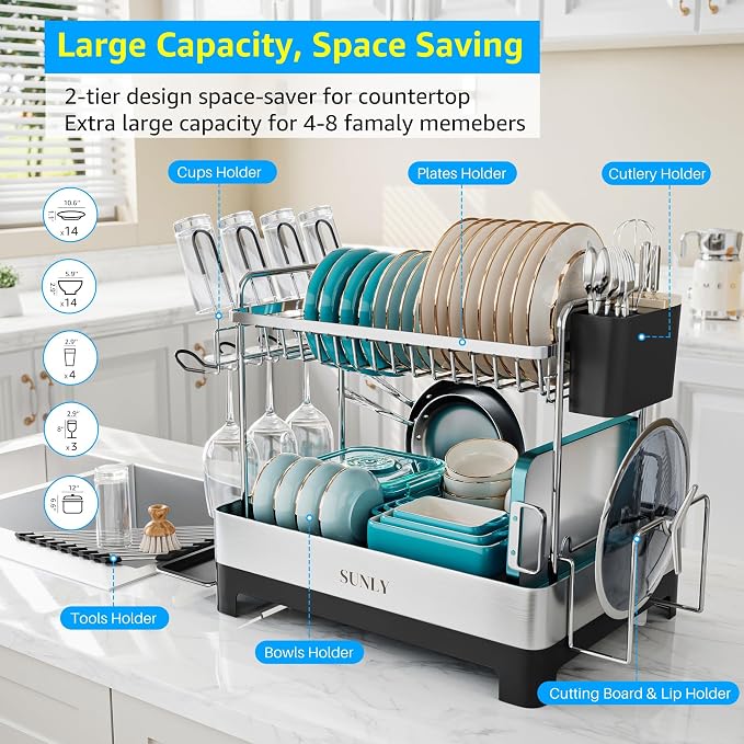 2 Tier Dish Drying Rack, Extra Large Dish Rack, Multifunctional Large Dish Drainers for Kitchen Counter, 304 Stainless Steel Kitchen Drying Rack, Bowl Drying Rack, Extendable Drain Spout, Black - Image 3