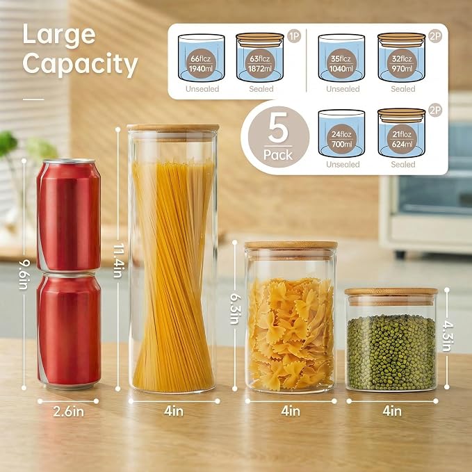 Multi Size - 5 Pack Glass Jars with Bamboo Lids, Glass Pantry Storage Containers with Airtight Lids, Round Air Tigh Food Storage Canisters for Cereal, Pasta, Flour, Sugar, Best for Kitchen Organizer - Image 3