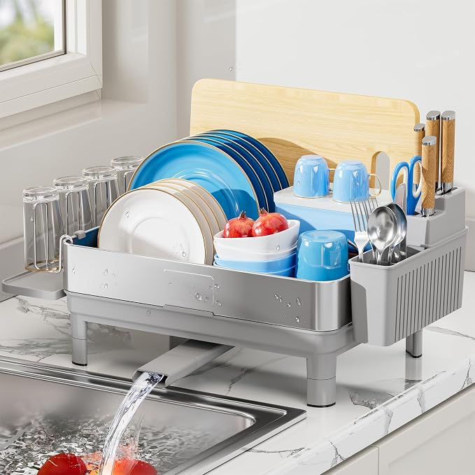 Dish Drying Rack, 304 Stainless Steel Dish Racks for Kitchen Counter | Dish Drainers with Automatic Drainage, Utensil Holder & Cups Holder, Space Saving Kitchen Organizer, Gray by EwaiiraHomeStorageOrganizer