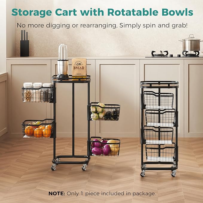4 Tier Rotating Kitchen Storage Cart, Fruit Vegetable Potato Rack Stand | Patented Swivel Part Spin Smoothly Even Full. Rustproof. One-Piece Wire Bin Prevent Sagging. Keep Onion, Veggie, Spices Fresh - Image 2