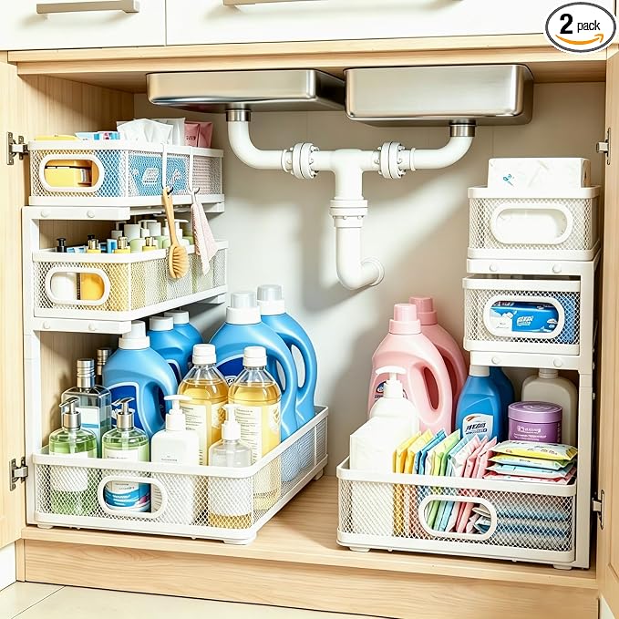 3 Tier Mesh Pull Out Organizer White 2 Pack Sliding Rack | White mesh dual pack organizers for clean modern cabinet storage in bathroom and kitchen daily use organization by Tviorst