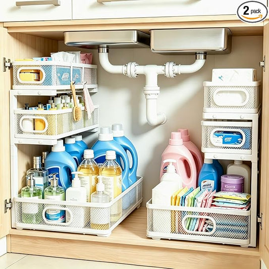 3 Tier Mesh Pull Out Organizer White 2 Pack Sliding Rack | White mesh dual pack organizers for clean modern cabinet storage in bathroom and kitchen daily use organization by Tviorst