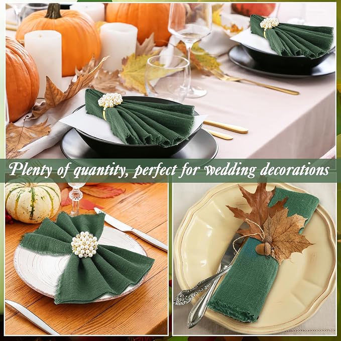 48 Pcs Cotton Linen Cloth Napkins with Fringe 16.5 x 16.5 Inch Square Rustic Dinner Linen Napkins Bulk for Wedding Party Banquet Dinner(Green) - Image 5