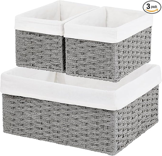 Wicker Basket, Set of 3 Hand-woven Storage Baskets for Organizing, Decorative Rectangle Wicker Storage Basket Bins with Handles, Small Toilet Paper Storage Baskets for Shelves & Decor, Grey by Vagusicc