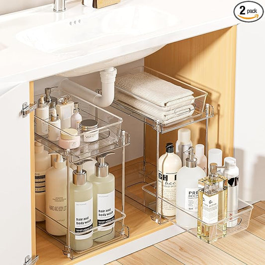 Vtopmart 2 Pack Taller Pull Out Bathroom Under Sink Organizer (S-Higher) | Slide-out drawers, Multi-purpose storage, Clear visibility, Easy Set-up by Vtopmart