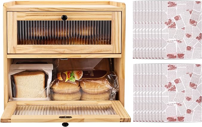 Alpeir Wooden Bread Box for Kitchen Countertop, Large Double Layer, Nature | Food-Safe Pine Wood, Double-Row Ventilation, Strong Acrylic Window, Raised Top Shelf, Easy Care, Farmhouse Corner Container by AlpeirDirect