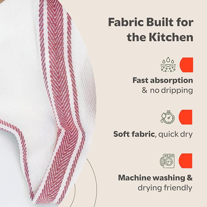 Zeppoli Classic Kitchen Towels - 30 Pack 100% Natural Cotton Towel Set, Reusable Wash Cloths, Absorbent Dish Towels, Machine Washable Hand Towels, Kitchen Essentials - 14” by 25” - Red Striped - Image 4