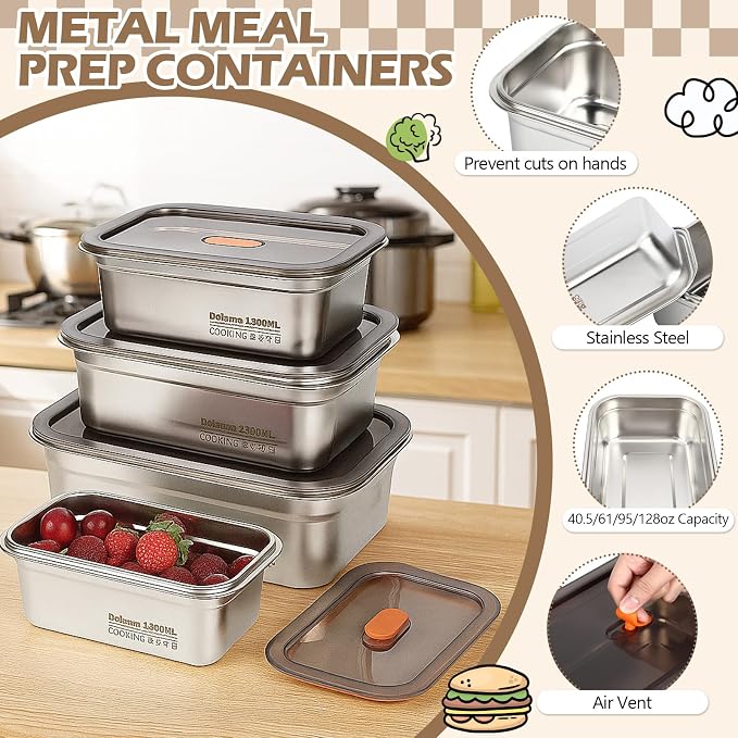 4 Pack Large Stainless Steel Food Storage Containers with Leak-proof Lids 316 Metal Meal Prep Container Lunch Box Freezer Safe Microwave Safe for Meal Prep Bento (41oz, 61oz, 95oz, 128oz) - Image 5