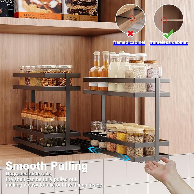 Mustorn 4 Pack Pull Out Spice Rack Organizer for Cabinet, 2 Tier Metal Slide Out Seasoning Organizer and Storage Heavy Duty Vertical Spice Rack Shelf Pullout for Kitchen Cabinets No Drilling (Black) - Image 2