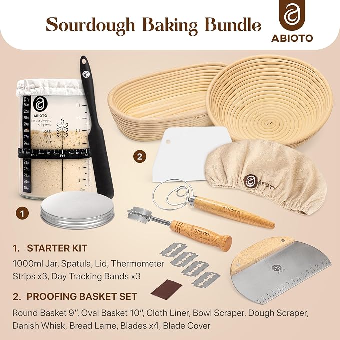 ABIOTO Sourdough Bread Baking Supplies and Starter Kit - Ultimate Bread Making and Sourdough Starter Kit with Proofing Baskets, 34oz Sourdough Jar, Bread Lame, Scrapers & Danish Whisk - Image 2
