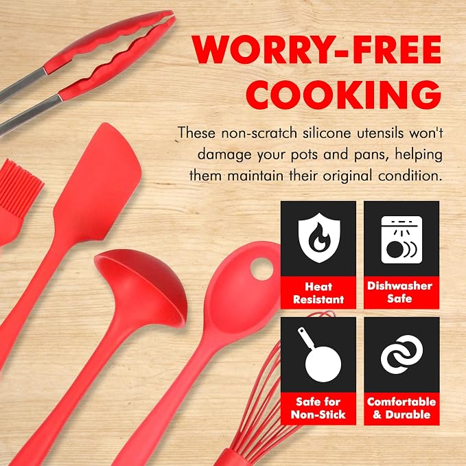 Chef Craft Premium Silicone Kitchen Tool and Utensil Set, 9 Piece, Red - Image 3