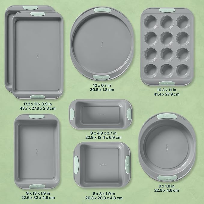 Pyrex 8-Piece Metal Bakeware Set with Heatsafe Silicone Handles, Sage | Lightweight stainless steel baking trays with heatsafe silicone handles, made without PFAS, mercury, lead, cadmium & BPA - Image 2