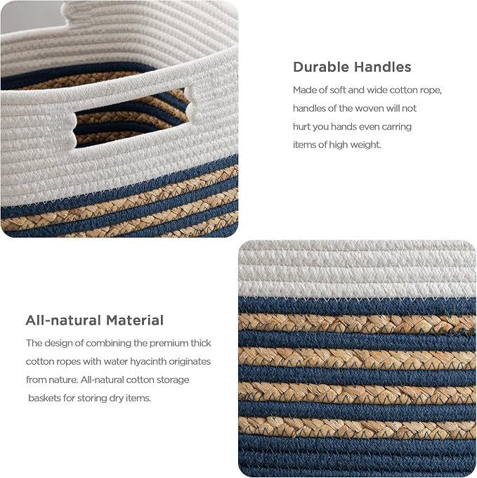 UBBCARE Set of 4 Storage Cubes 13 X 13 X 13 in, Water Hyacinth Storage Bins for Shelves, Book, Storage Baskets with Handles, Cotton Rope Woven Baskets for Organizing, Navy Blue - Image 3