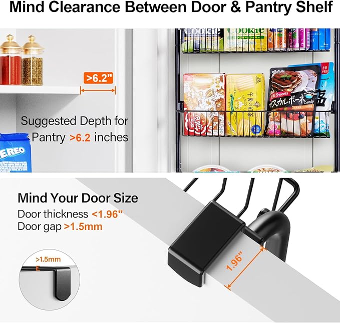 VECELO Kitchen Over the Door Organizer, 6-Tier Pantry Door Organizers and Storage, Metal Sturdy Over the Door Pantry Organizer, Easy Installation Over the Door Storage Spice Rack Shelves, Black - Image 5