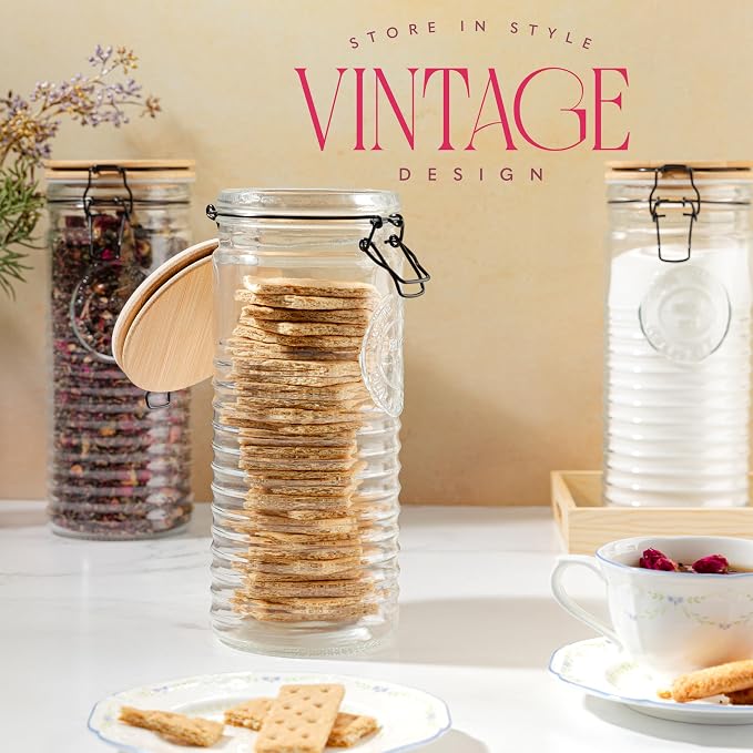 Tall Glass Pasta Storage Containers with Airtight Clasp Lids - Set of 3 Glass Spaghetti Storage Containers for - 56 Ounce Pantry Organizing Canister Set - 9.75 Inch Tall - Image 3