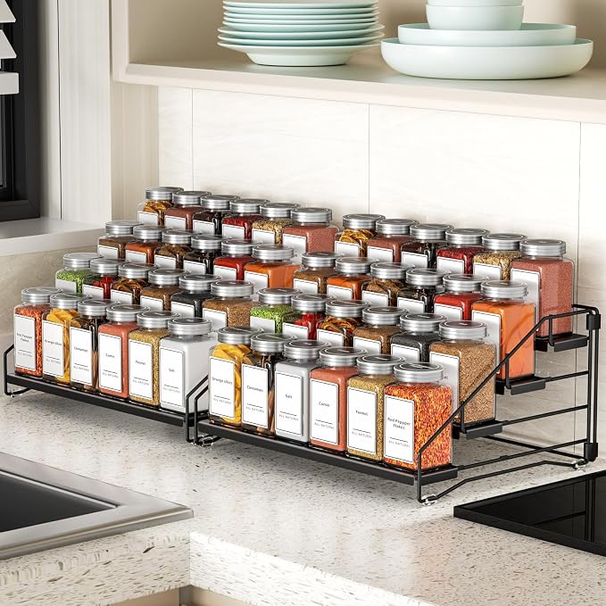 BOIVSHI 4 Tier Spice Rack Organizer, Spice Rack for Cabinet, Adjustable Depth Seasoning Shelf for Countertop, Pantry, Seasoning Organizer, Metal, Black (2 Pack) - Image 2