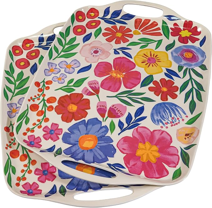 TP Melamine Serving Trays with Handles, 17” x 12”, Set of 2, Floral | Rectangular Trays, Serving platters for Food and Meat, Party Serving, Lightweight, Break-resistant by TastePrime