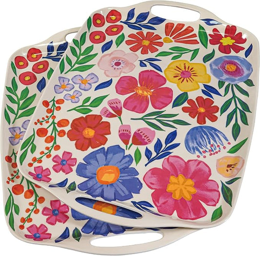TP Melamine Serving Trays with Handles, 17” x 12”, Set of 2, Floral | Rectangular Trays, Serving platters for Food and Meat, Party Serving, Lightweight, Break-resistant by TastePrime