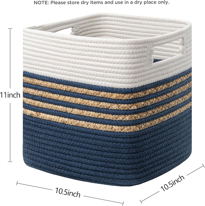 UBBCARE Set of 4 Storage Cubes 11 X 10.5 X 10.5 in, Water Hyacinth Storage Bins for Shelves, Book, Storage Baskets with Handles, Cotton Rope Woven Baskets for Organizing, Blue - Image 2