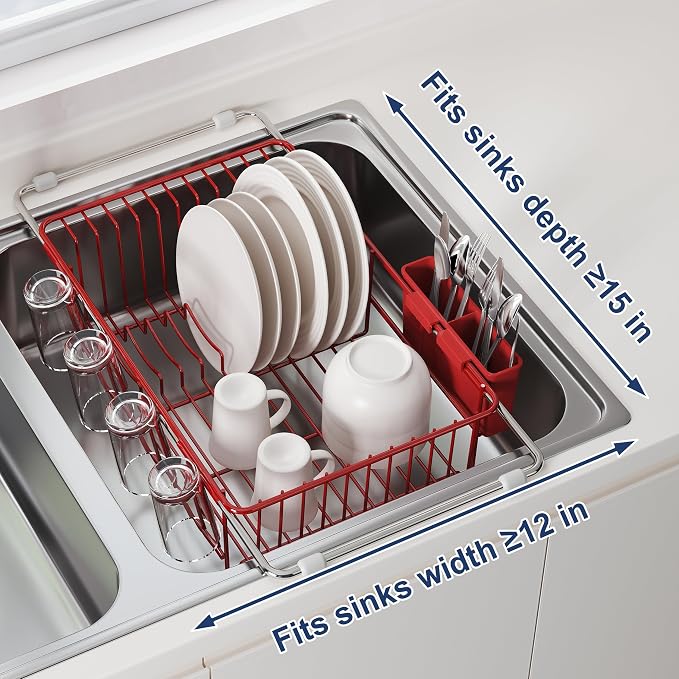 JASIWAY Red Dish Drying Rack in Sink, Dish Drainer with Utensil Holder | Over The Sink Expandable Stainless Steel Strainer Dryer Rack for Small Kitchen, Counter Space Saving, Fast Drain, Rustproof - Image 5