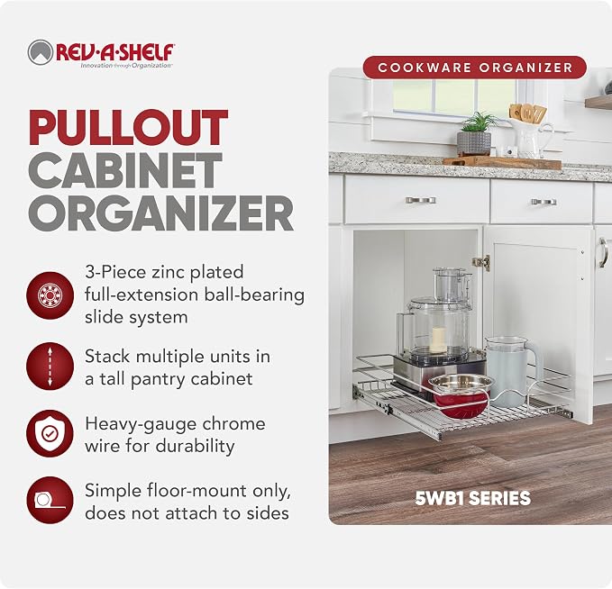 Rev-A-Shelf Steel Wire Pullout Drawer Organizer Shelf for Kitchen Cabinets, Slide Out Storage Basket, Min Opening Width of 17.5", 18" x 22", 5WB1-1822CR-1 - Image 6