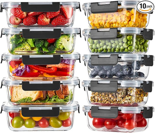 Liuruiyu 10 Pack Glass Food Storage Containers with Lids, Meal Prep Containers, Airtight Bento Boxes with Leak Proof Locking for Microwave, Oven, Freezer and Dishwasher, BPA Free by Liuruiyu