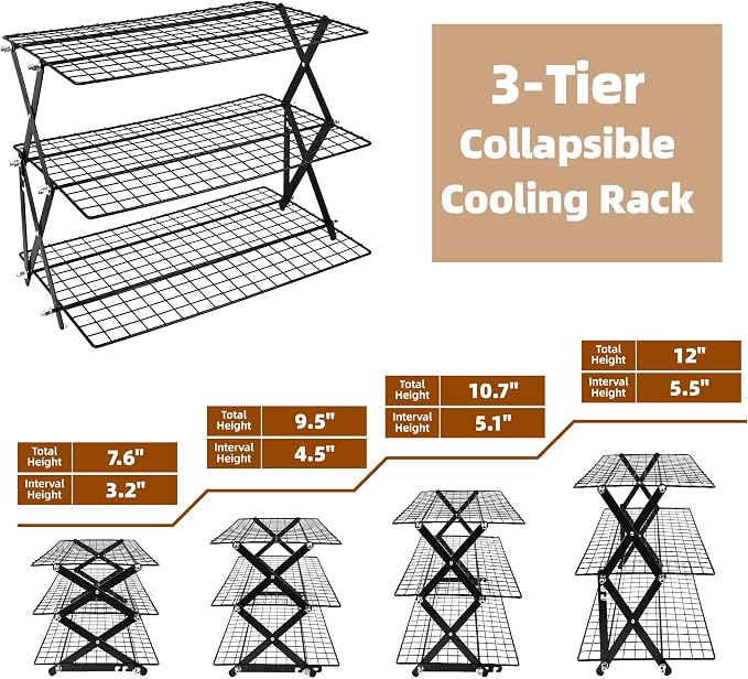 3 Tier Collapsible Cooling Rack Sourdough Cooling Rack 17"x10" | Cooling Racks for Cooking and Baking, Roasting, Grilling, Adjustable 6 Setting Design stackable, Oven & Dishwasher Safe - Image 3