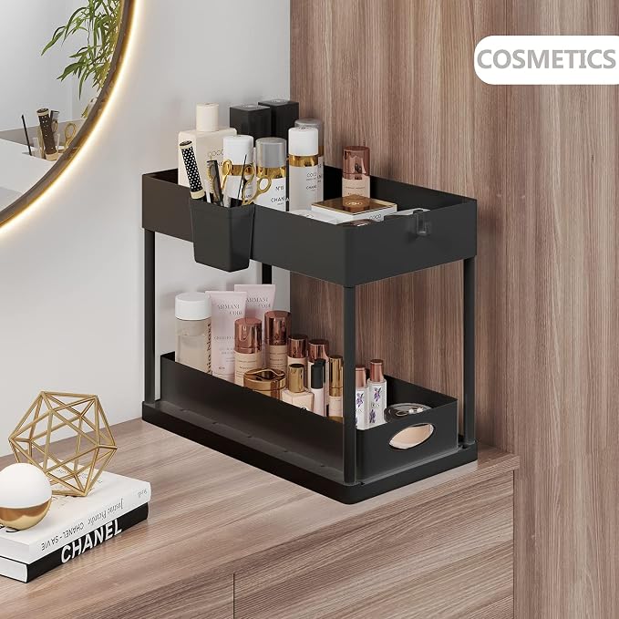 Under Sink Organizers and Storage, Bathroom Cabinet Organizer, Sink Shelf with Utility Hooks and Side Caddy for Under Cabinet Storage | Under Kitchen Sink Organizer with Sliding Drawer, Black (1-Pack) - Image 3