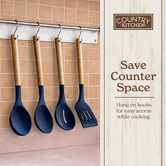 Country Kitchen Non Stick Silicone Utensil Set with Rounded Wood Handles for Cooking and Baking, 8 Piece Set, Navy - Image 8