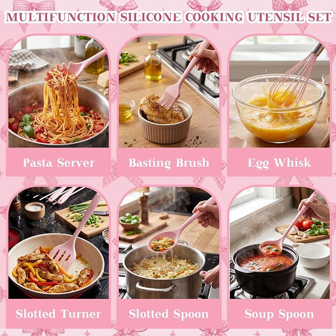 Fourluoo 30 Pcs Pink Bow Kitchen Decor and Utensils Set Pink Kitchen Towels and Rugs Oven Mitts and Pot Holders Non Toxic Silicone Utensils Set Heat Resistant Dishwasher for Cooking - Image 6