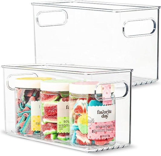 Plastic Food Storage 2 Pack Clear Container Bin with Handles for Organizing Kitchen, Pantry, Refrigerator, Freezer, Pantry, Cabinet, Closet, Bathroom. 10”x4”x5” by primebox