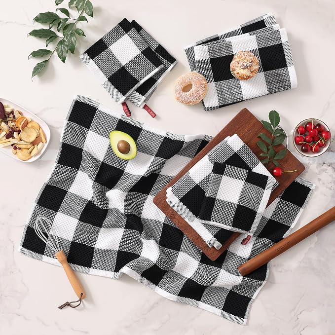 Homaxy Kitchen Towels and Dishcloths Set, Set of 8, White & Black | Bulk Cotton Waffle Weave Check Plaid Kitchen Towels, Super Soft and Absorbent Dish Cloths, 12 x 12 and 20 x 28 Inches - Image 2