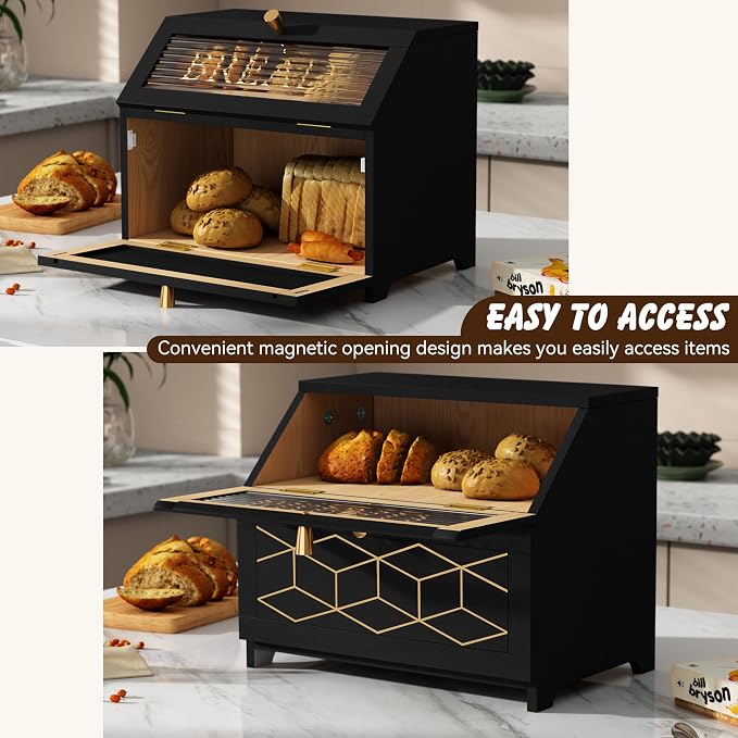 HOLTICO Double Layer Bread Box with Golden Trim for Kitchen Countertop | Wooden Bread Container for Kitchen Counter, Large Capacity Bread Keeper, Farmhouse Food Organizer with Glass Window - Image 3